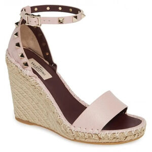 Valentino Rockstud 40D Pink Ankle Strap Espadrille Platform Wedge Sandal Heel 40